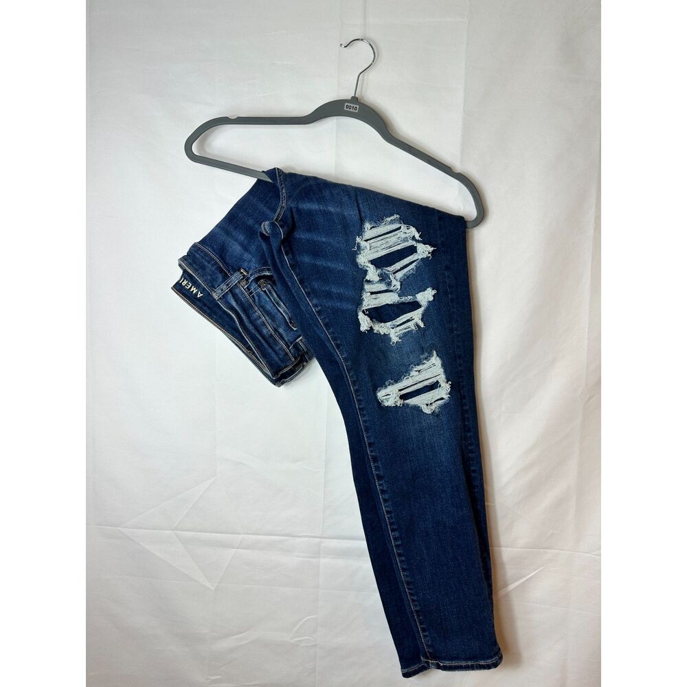 American Eagle Y2K dark wash skinny jeans with distressed rips, W18